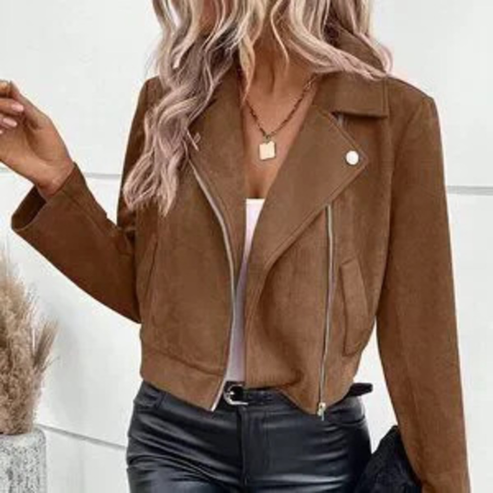 ZARA Coffee Brown Casual Women's Lapel Collar Zipper Crop Jacket
